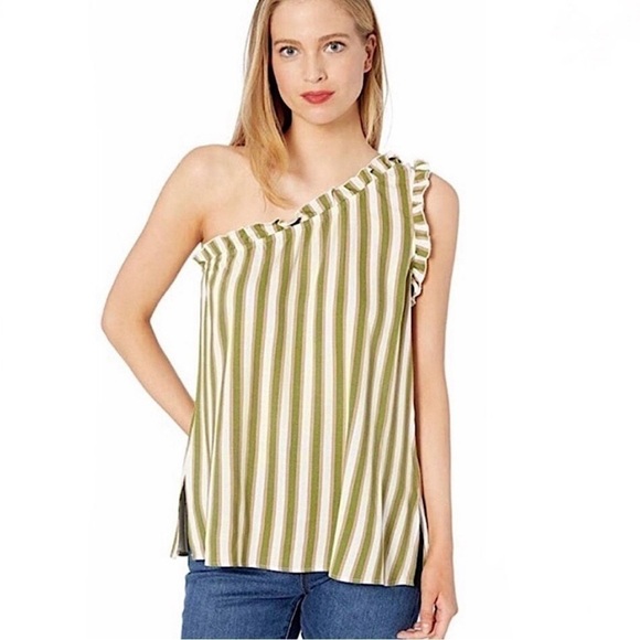 SHOW ME YOUR MUMU One Shoulder Striped Top with Ruffles in Iguana Green SZ S - Picture 1 of 5